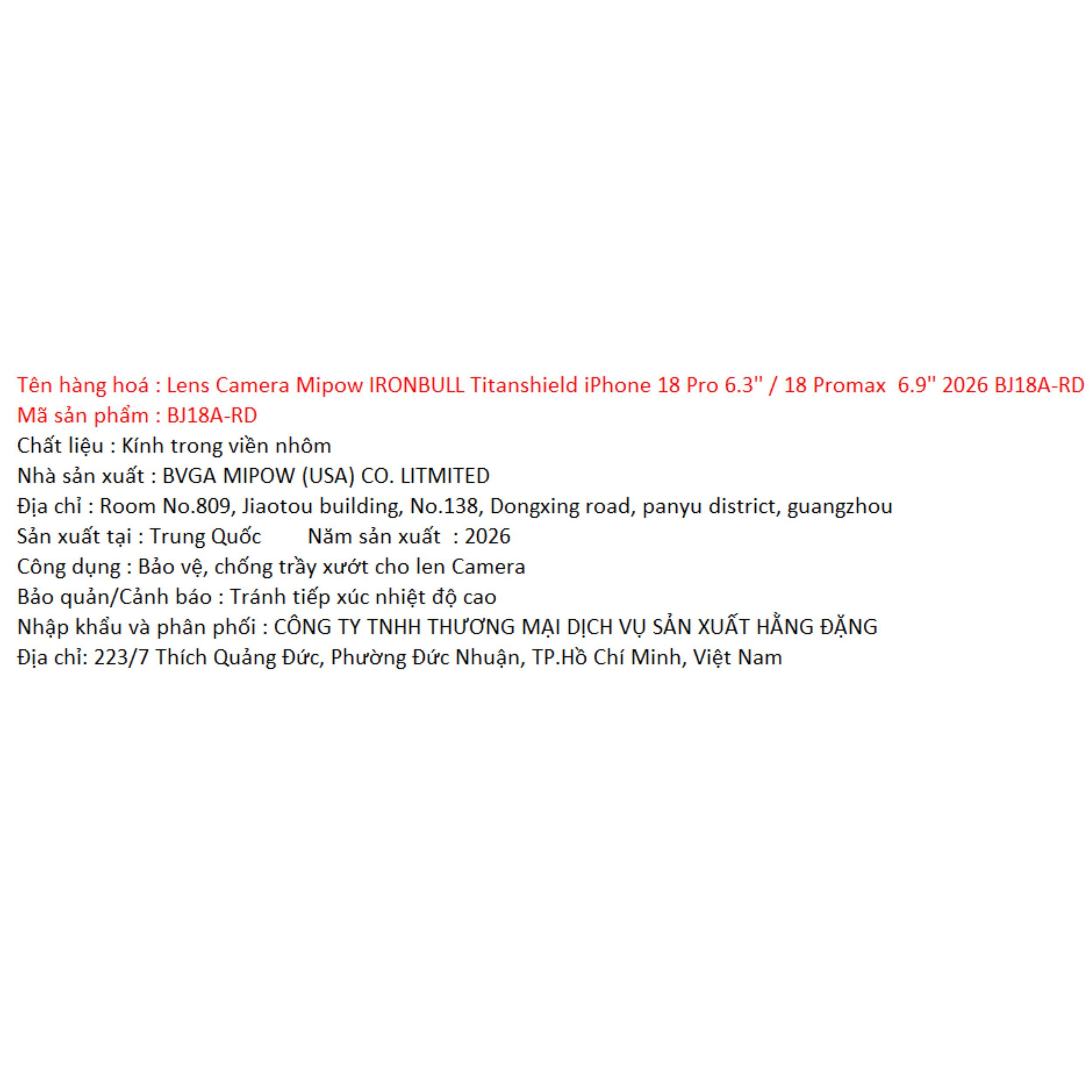 Miếng dán camera iPhone 18 Pro/ iPhone 18 Pro Max Titanshield Mipow IRONBULL BJ18A-RD Màu Đỏ đô