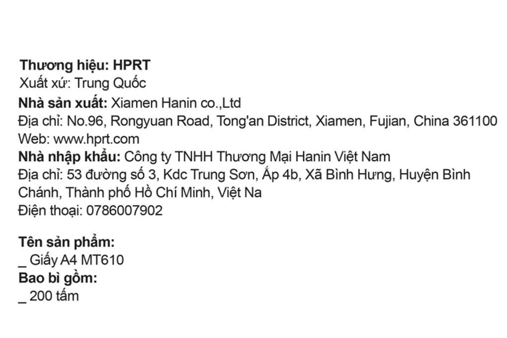 Giấy in nhiệt HPRT MT610 - 200 tờ Màu Trắng