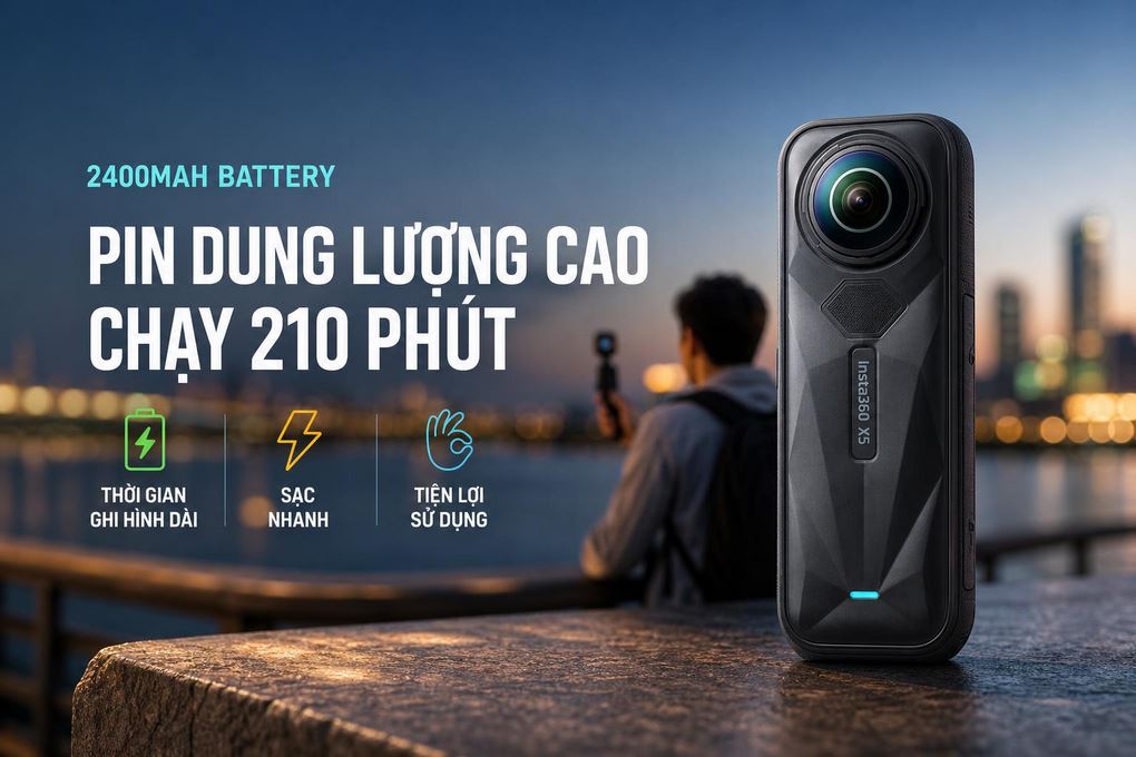 Camera hành trình Insta360 X5 Essentials Bundle - Thời lượng pin 2400mAh bền bỉ cho cả ngày sử dụng Camera hành trình Insta360 X5 Essentials Bundle - Thời lượng pin 2400mAh bền bỉ cho cả ngày sử dụng