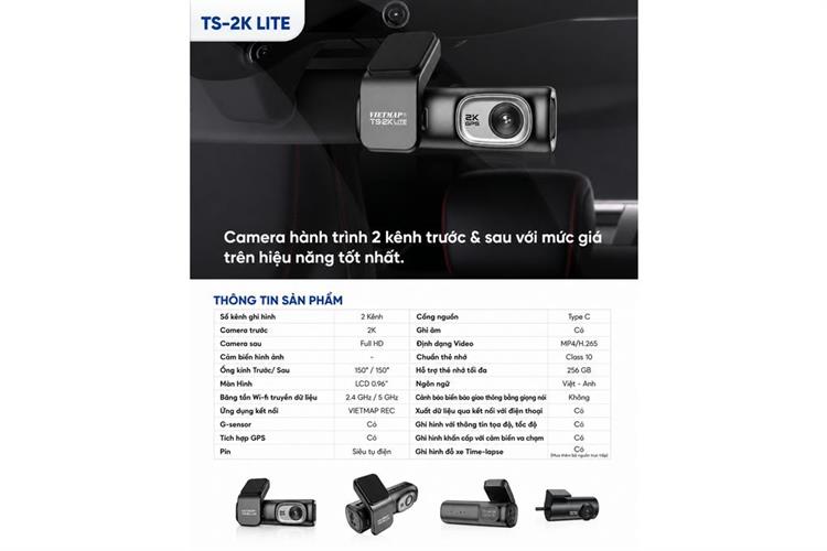 Camera hành trình xe hơi ghi hình trước sau 2K GPS Vietmap TS-2K Lite Màu Đen
