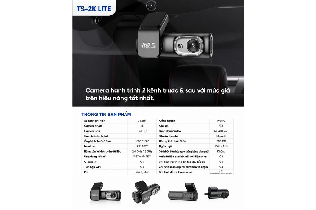 Camera hành trình xe hơi ghi hình trước sau 2K GPS Vietmap TS-2K Lite Màu Đen