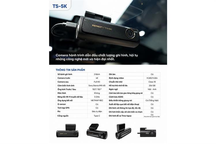 Camera hành trình xe hơi ghi hình trước sau ADAS Cảnh Báo Giọng Nói GPS Vietmap TS-5K Màu Đen