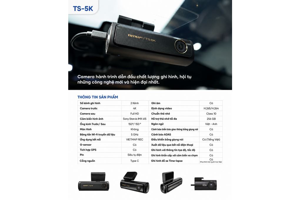 Camera hành trình xe hơi ghi hình trước sau ADAS Cảnh Báo Giọng Nói GPS Vietmap TS-5K - 6