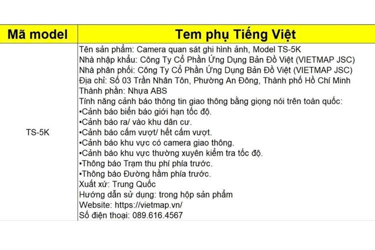 Camera hành trình xe hơi ghi hình trước sau ADAS Cảnh Báo Giọng Nói GPS Vietmap TS-5K Màu Đen