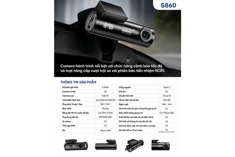 Camera hành trình xe hơi ghi hình trước sau Cảnh Báo Giọng Nói GPS Vietmap S860 Màu Đen