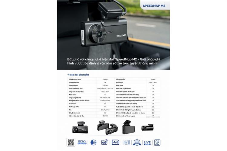 Camera hành trình xe hơi ghi hình trước sau 2K Cảnh Báo Giọng Nói 4G GPS Vietmap SpeedMap M2 Màu Đen
