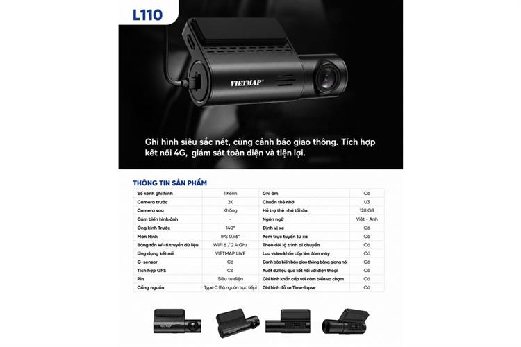 Camera hành trình xe hơi 2K Cảnh Báo Giọng Nói 4G GPS Vietmap L110 Màu Đen