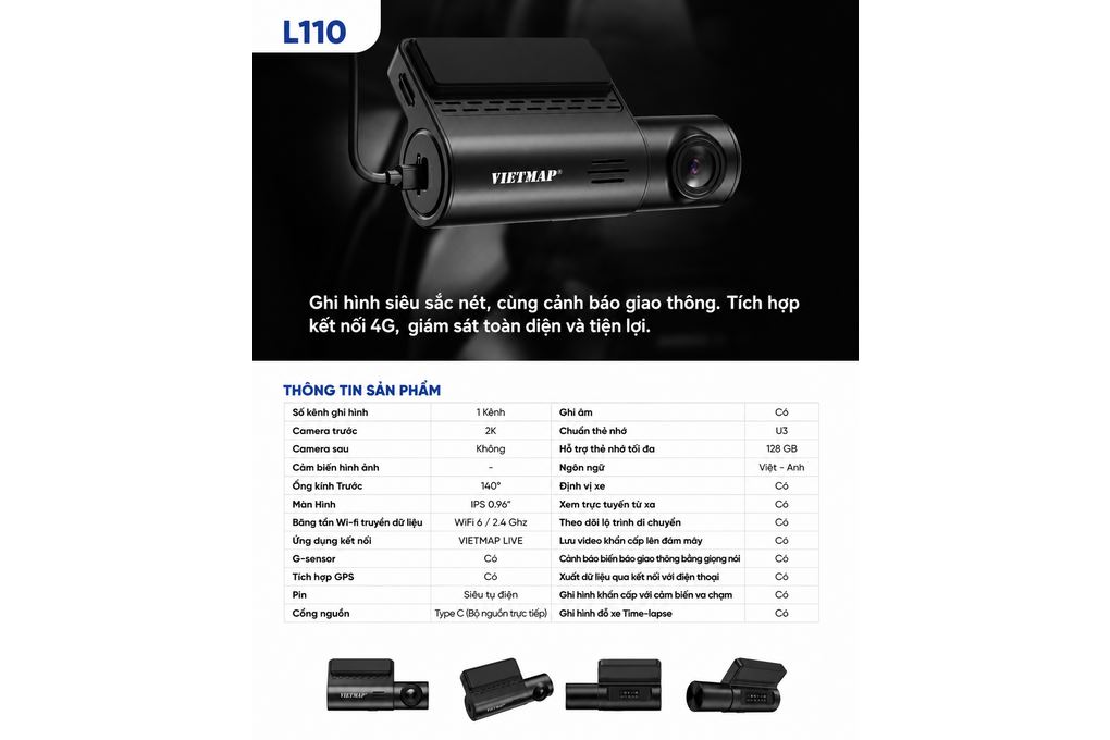 Camera hành trình xe hơi 2K Cảnh Báo Giọng Nói 4G GPS Vietmap L110 Màu Đen