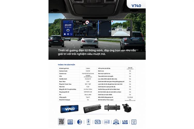Camera hành trình xe hơi ghi hình trước sau Full HD  Cảnh Báo Giọng Nói ADAS 4G GPS Vietmap V740 Màu Đen