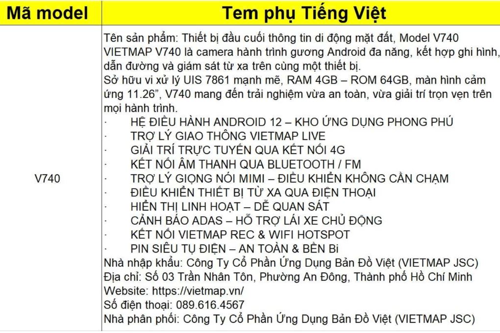 Camera hành trình xe hơi ghi hình trước sau Full HD  Cảnh Báo Giọng Nói ADAS 4G GPS Vietmap V740 Màu Đen