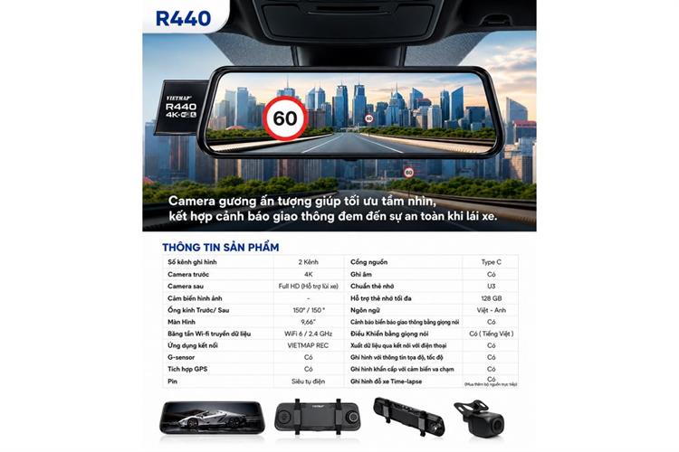 Camera hành trình xe hơi ghi hình trước sau 4K Cảnh Báo Giọng Nói GPS Vietmap R440 Màu Đen