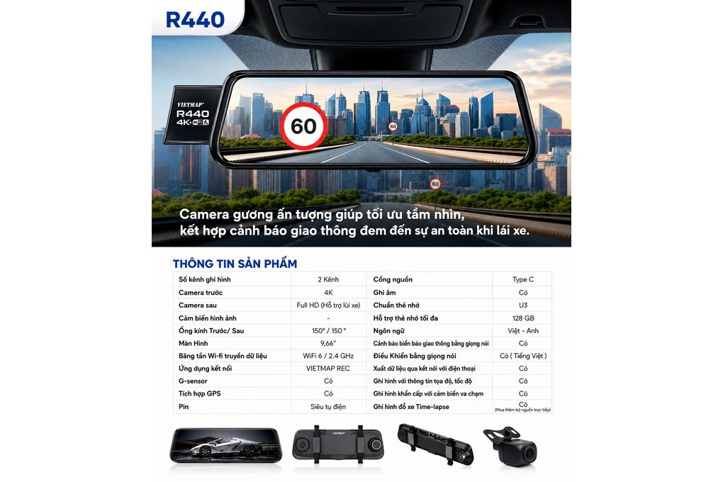 Camera hành trình xe hơi ghi hình trước sau 4K Cảnh Báo Giọng Nói GPS Vietmap R440 Màu Đen