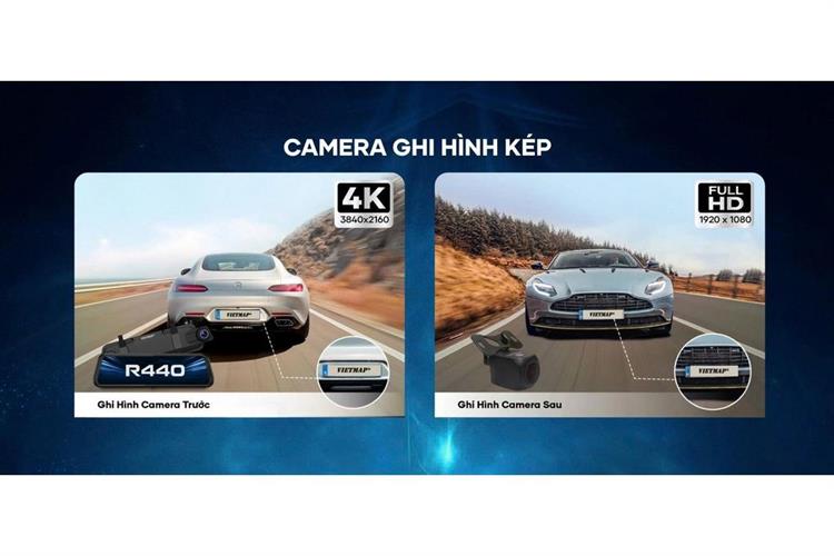 Camera hành trình xe hơi ghi hình trước sau 4K Cảnh Báo Giọng Nói GPS Vietmap R440 Màu Đen