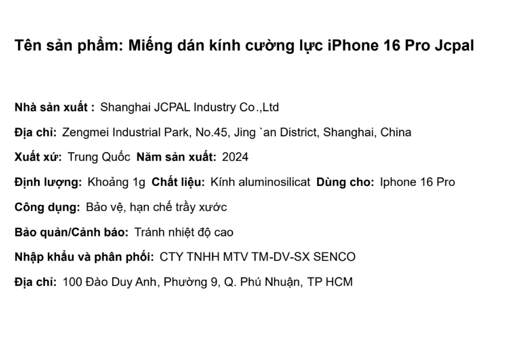 Miếng dán kính cường lực iPhone 16 Pro Jcpal Màu Trắng