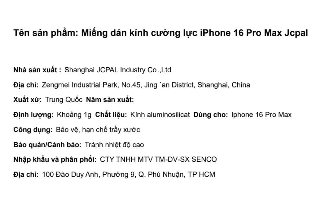 Miếng dán kính cường lực iPhone 16 Pro Max Jcpal Màu Trắng