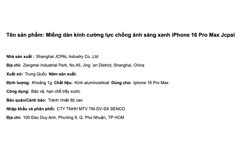 Miếng dán kính cường lực chống ánh sáng xanh iPhone 16 Pro Max Jcpal Màu Trắng
