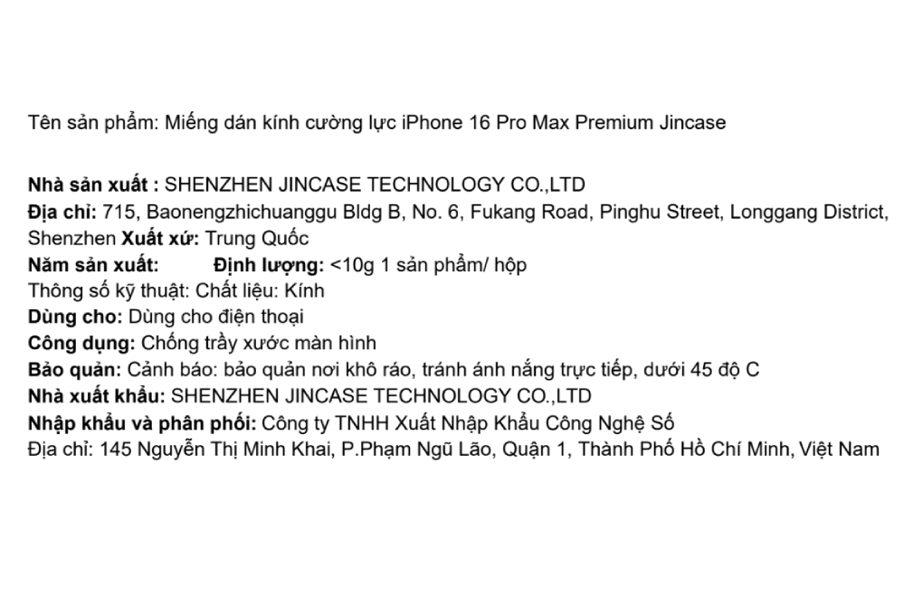 Miếng dán kính cường lực iPhone 16 Pro Max Premium Jincase Màu Trắng