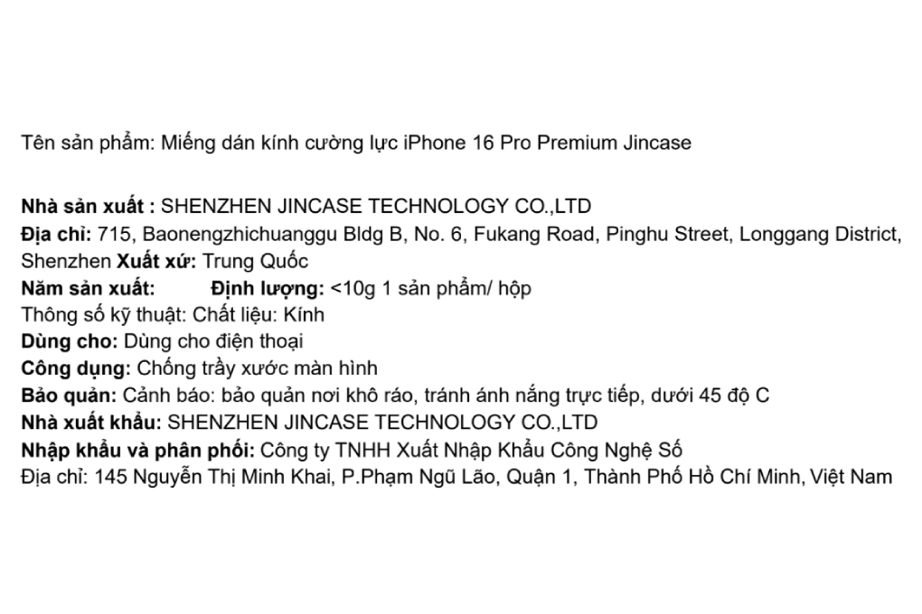 Miếng dán kính cường lực iPhone 16 Pro Premium Jincase Màu Trắng