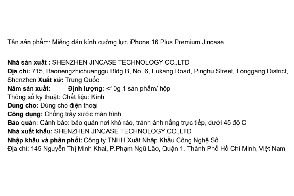 Miếng dán kính iPhone 16 Plus cường lực Premium Jincase Màu Trắng
