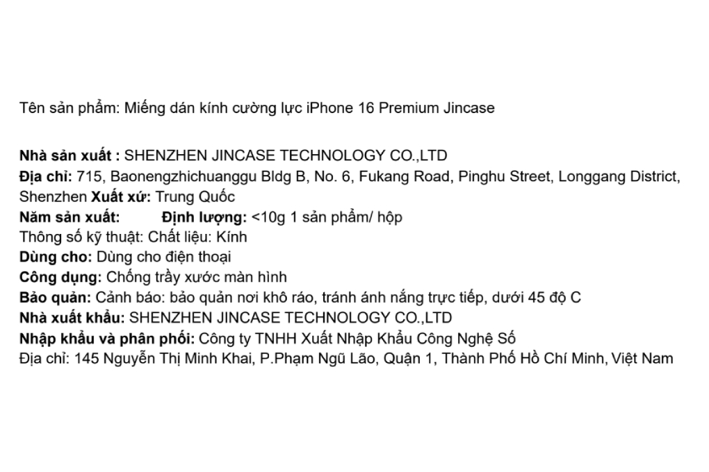Miếng dán kính cường lực iPhone 16 Premium Jincase Màu Trắng