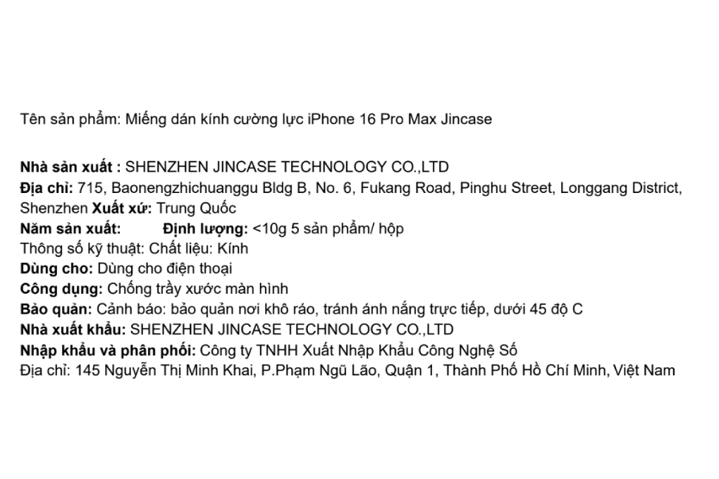 Miếng dán kính cường lực iPhone 16 Pro Max Jincase Màu Trắng