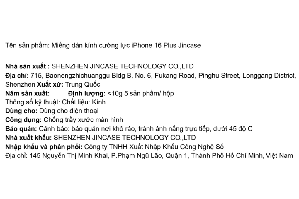 Miếng dán kính iPhone 16 Plus cường lực Jincase Màu Trắng