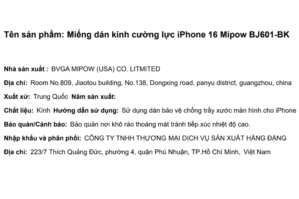 Miếng dán kính cường lực iPhone 16 Mipow BJ601-BK Màu Trắng