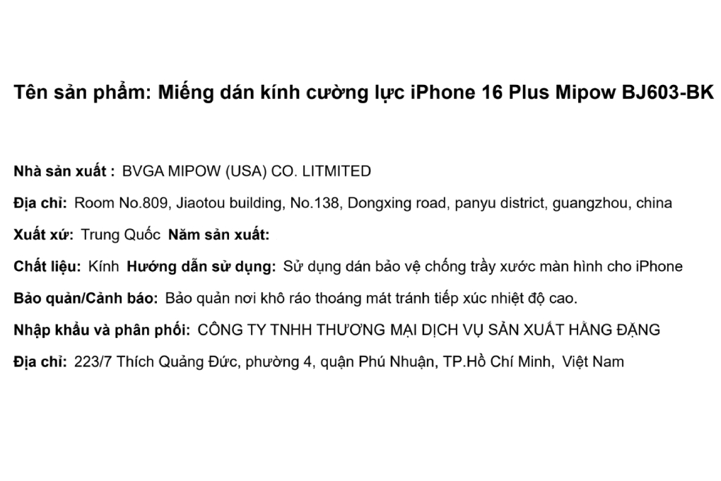 Miếng dán kính cường lực iPhone 16 Plus Mipow BJ603-BK Màu Trắng