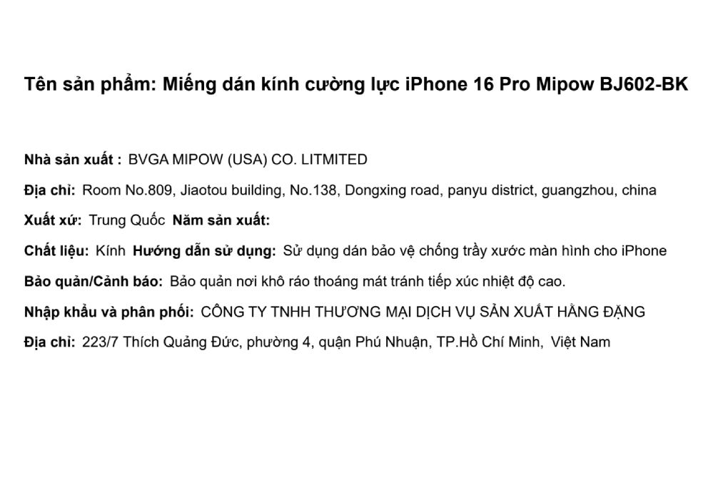 Miếng dán kính cường lực iPhone 16 Pro Mipow BJ602-BK Màu Trắng