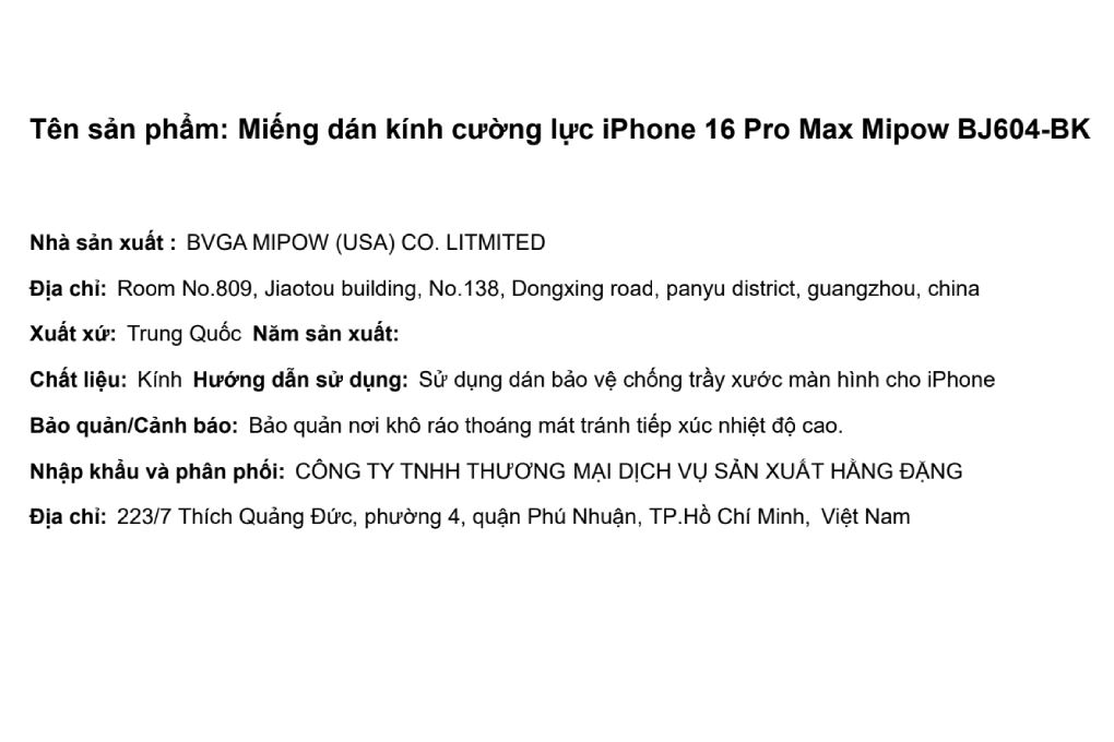 Miếng dán kính cường lực iPhone 16 Pro Max Mipow BJ604-BK Màu Trắng