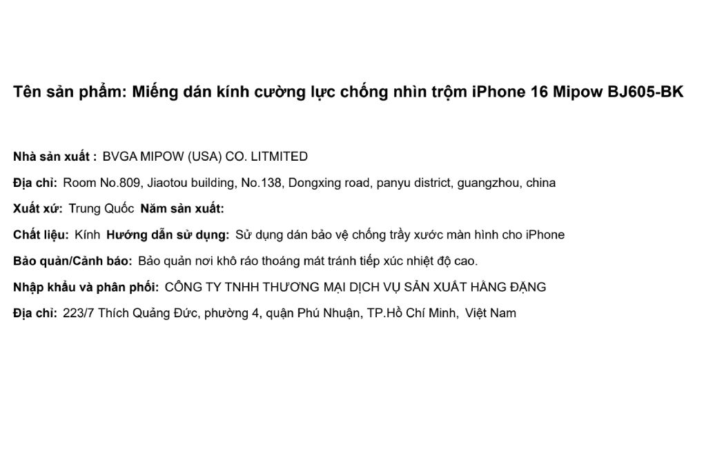 Miếng dán kính cường lực chống nhìn trộm iPhone 16 Mipow BJ605-BK - 2