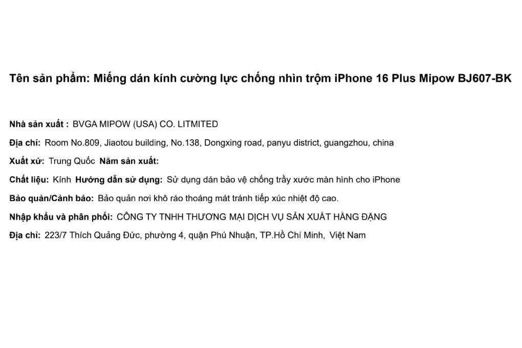 Miếng dán kính cường lực chống nhìn trộm iPhone 16 Plus Mipow BJ607-BK Màu Trắng