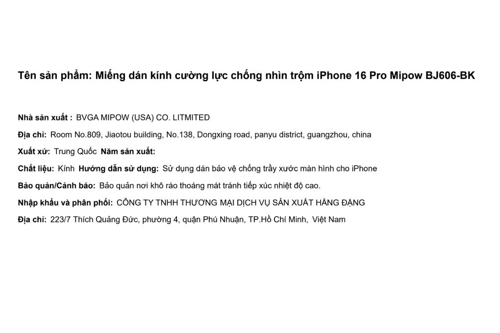 Miếng dán kính cường lực chống nhìn trộm iPhone 16 Pro Mipow BJ606-BK - 2