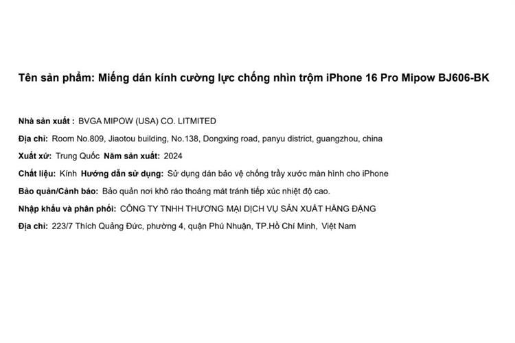 Miếng dán kính cường lực chống nhìn trộm iPhone 16 Pro Mipow BJ606-BK Màu Trắng