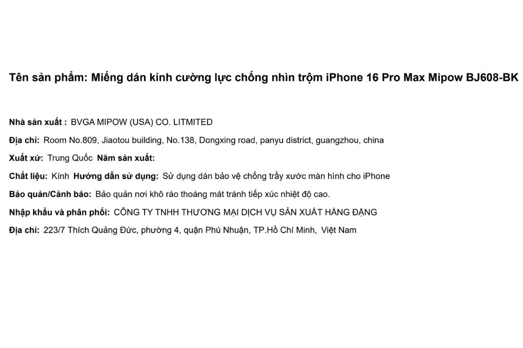 Miếng dán kính cường lực chống nhìn trộm iPhone 16 Pro Max Mipow BJ608-BK - 2