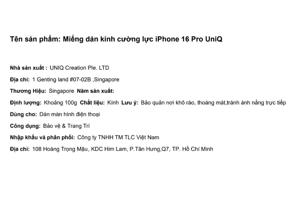Miếng dán kính cường lực iPhone 16 Pro UniQ Màu Trắng