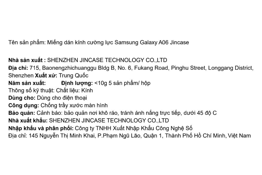 Miếng dán kính cường lực Samsung Galaxy A06 Jincase Màu Trắng