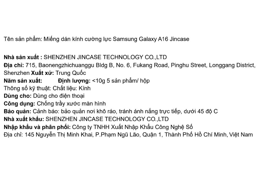 Miếng dán kính Samsung Galaxy A16 cường lực Jincase Màu Trắng