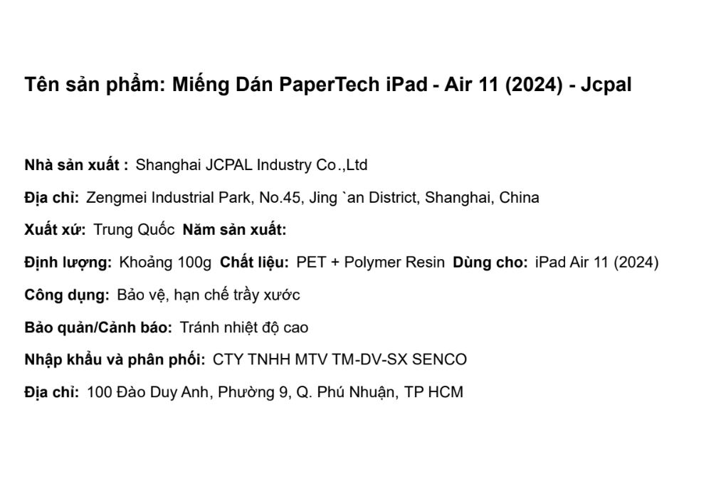 Miếng dán màn hình iPad Air M2/M3/M4 11 inch 2024 Jcpal PaperTech Màu Trắng