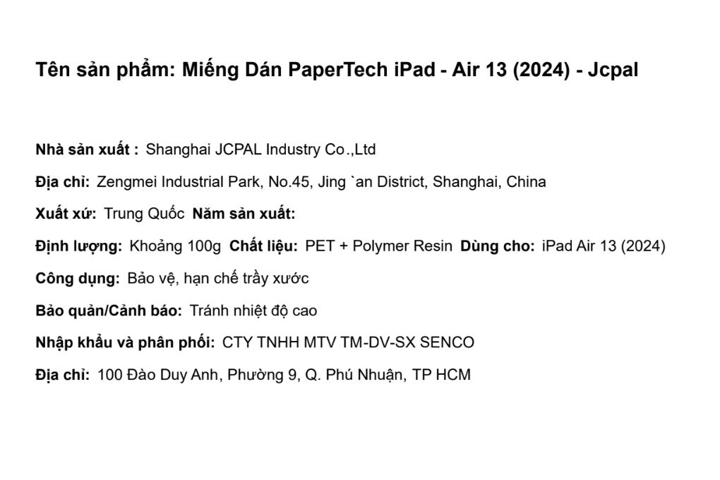 Miếng dán màn hình iPad Air M2/M3/M4 13 inch 2024 Jcpal PaperTech Màu Trắng
