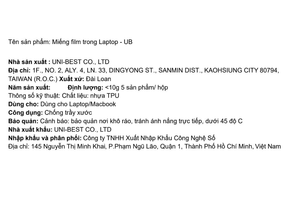 Miếng film trong Laptop - UB - 4