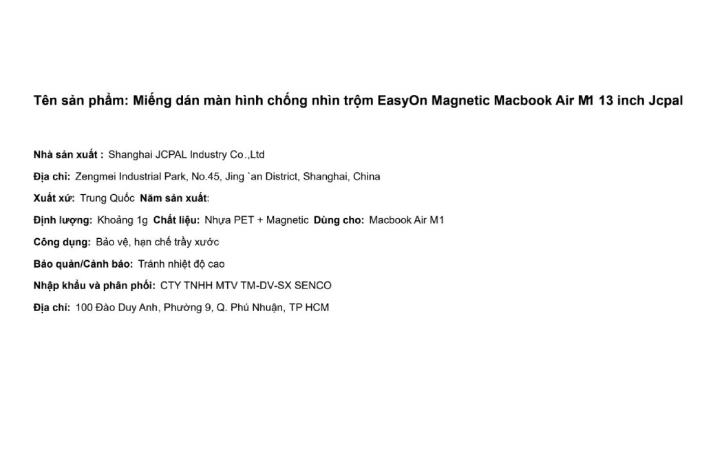 Miếng dán màn hình chống nhìn trộm EasyOn Magnetic Macbook Air M1 13 inch Jcpal Màu Đen
