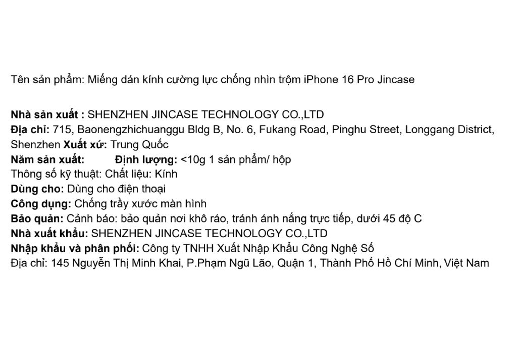 Miếng dán kính iPhone 16 Pro cường lực chống nhìn trộm Jincase Màu Đen