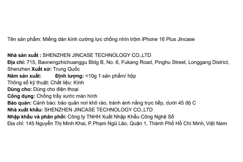 Miếng dán kính iPhone 16 Plus cường lực chống nhìn trộm Jincase Màu Đen