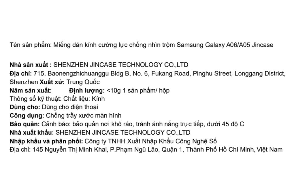 Miếng dán kính Samsung Galaxy A06/A05 cường lực chống nhìn trộm Jincase Màu Đen