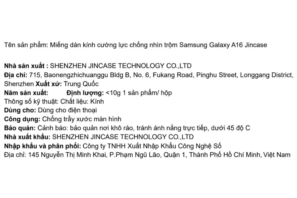 Miếng dán kính Samsung Galaxy A16 cường lực chống nhìn trộm Jincase Màu Đen