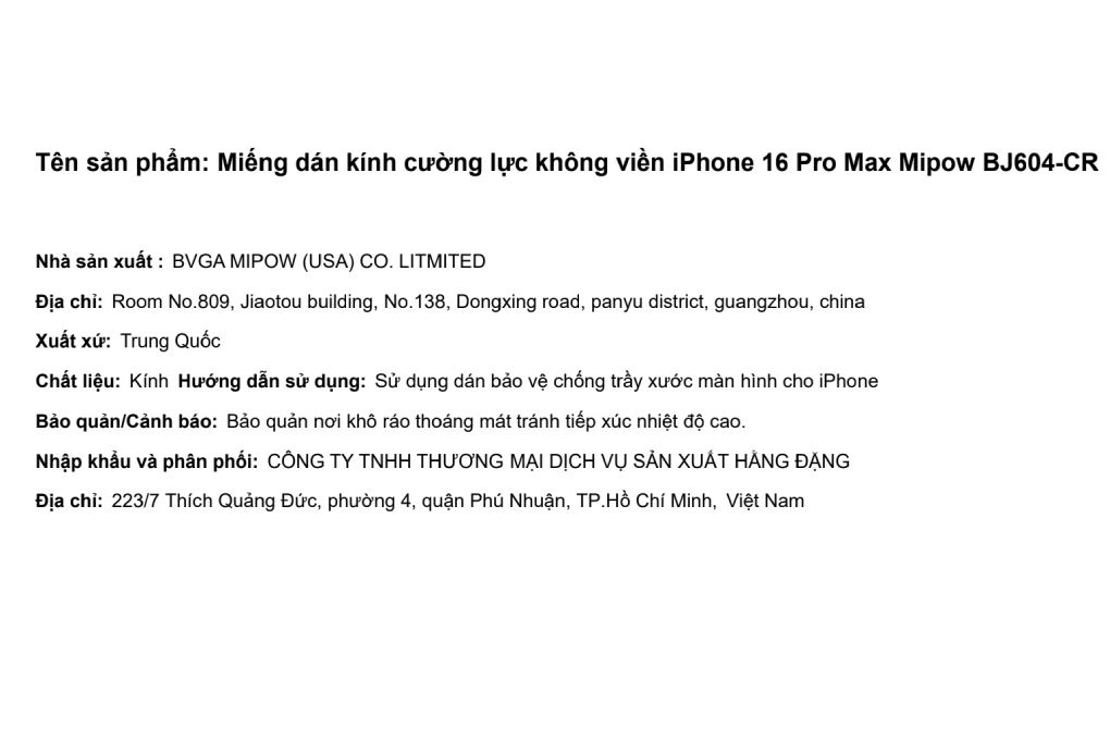 Miếng dán kính cường lực iPhone 16 Pro Max Mipow BJ604-CR Màu Trắng