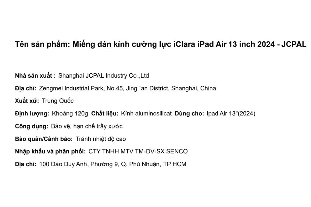 Miếng dán kính cường lực iPad Air M2/M3/M4 13 inch 2024 JCPAL iClara Màu Trắng