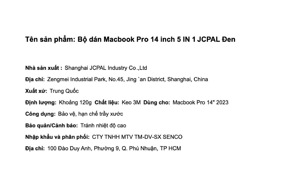 Bộ dán Macbook Pro M1/M2/M3/M4 14 inch 5 IN 1 JCPAL Màu Đen