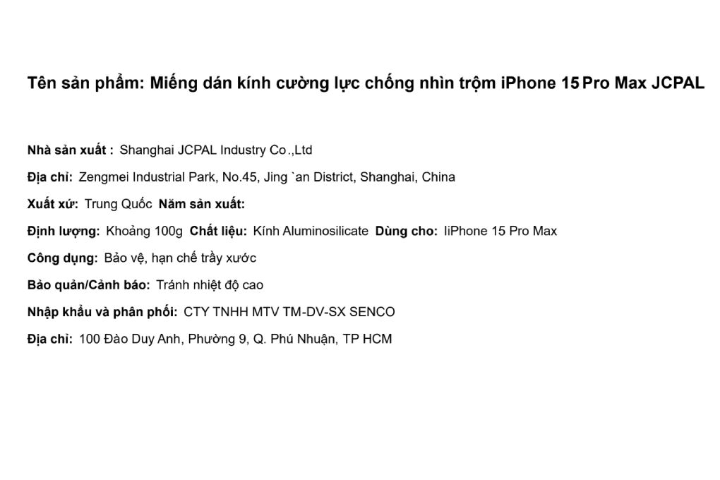 Miếng dán kính cường lực chống nhìn trộm iPhone 15 Pro Max JCPAL Màu Trắng